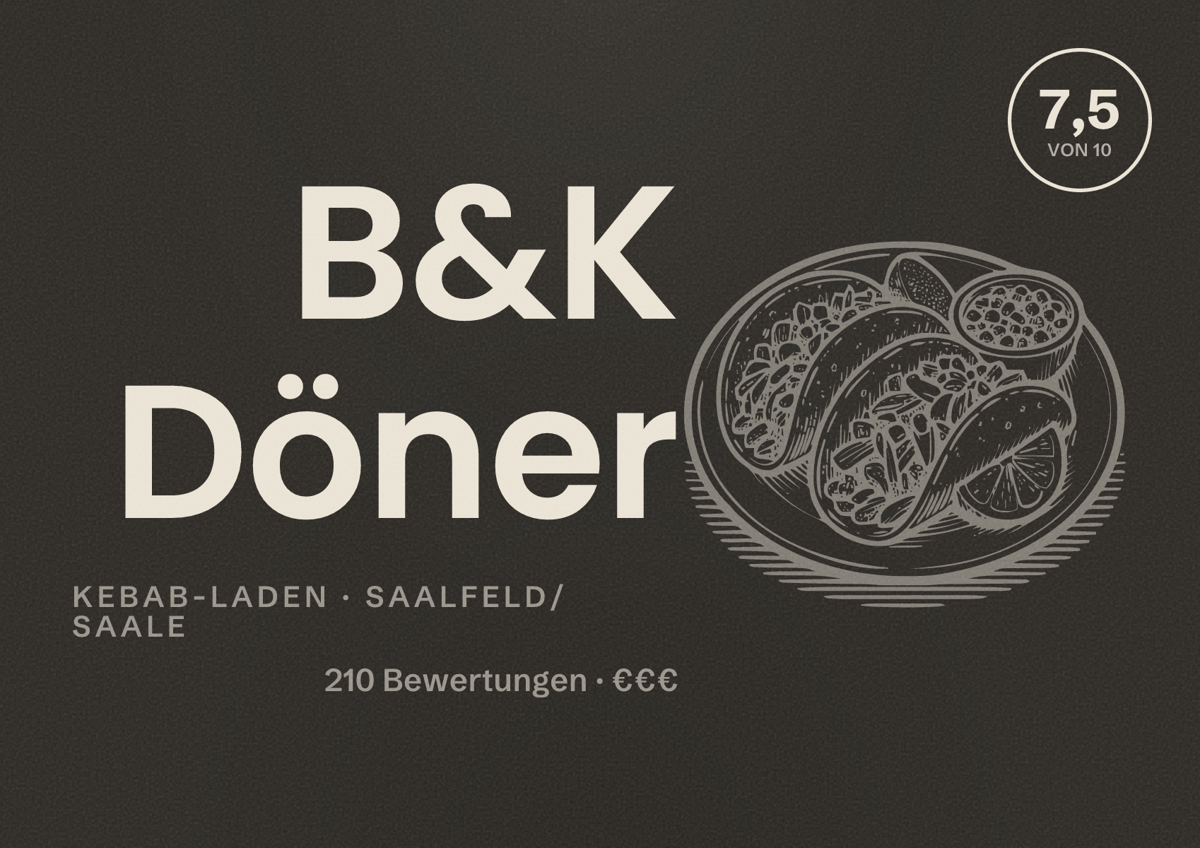 Illustriertes Poster von B&K Döner, Kebab-Laden in Saalfeld/Saale: Bewertung 7,5 von 10 aus 210 Bewertungen, Preisniveau €€€
