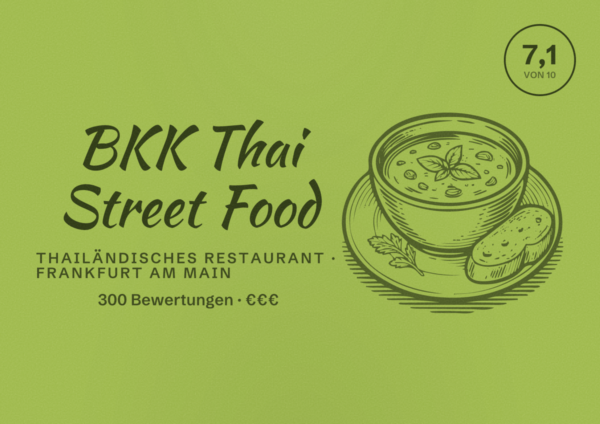 Illustriertes Poster von BKK Thai Street Food, Thailändisches Restaurant in Frankfurt am Main: Bewertung 7,1 von 10 aus 300 Bewertungen, Preisniveau €€€