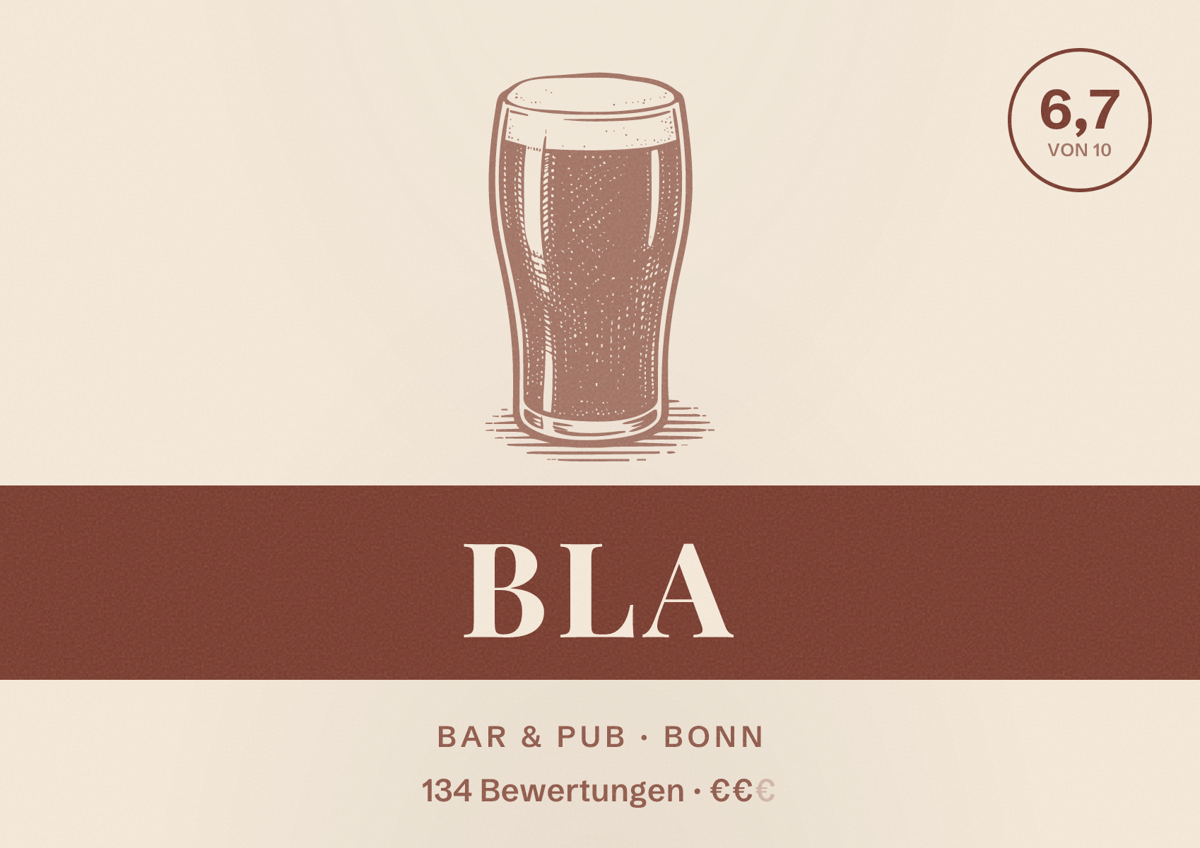 Illustriertes Poster von Bla, Bar & Pub in Bonn: Bewertung 6,7 von 10 aus 134 Bewertungen, Preisniveau €€