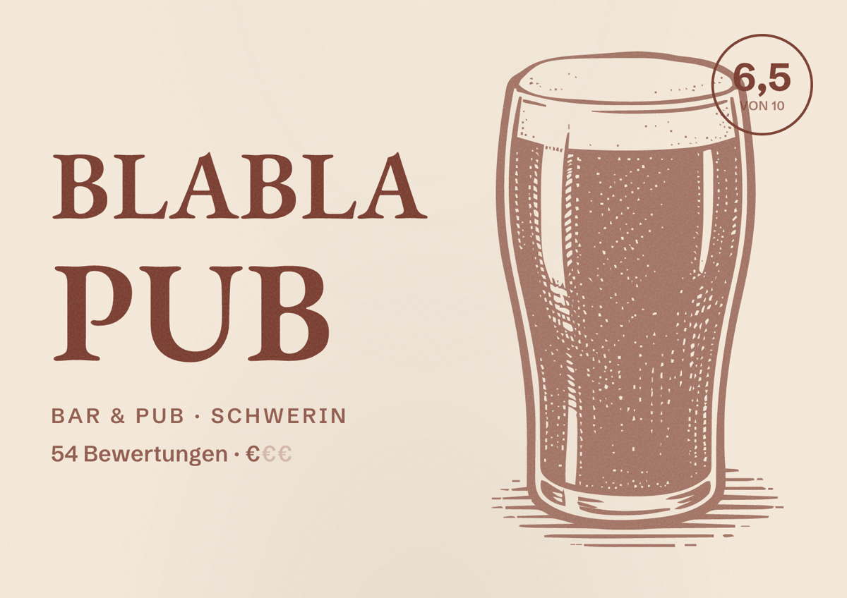 Illustriertes Poster von Blabla Pub, Bar & Pub in Schwerin: Bewertung 6,5 von 10 aus 54 Bewertungen, Preisniveau €