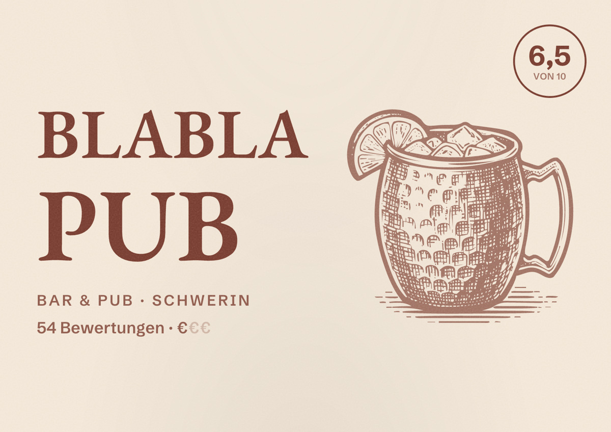 Illustriertes Poster von Blabla Pub, Bar & Pub in Schwerin: Bewertung 6,5 von 10 aus 54 Bewertungen, Preisniveau €