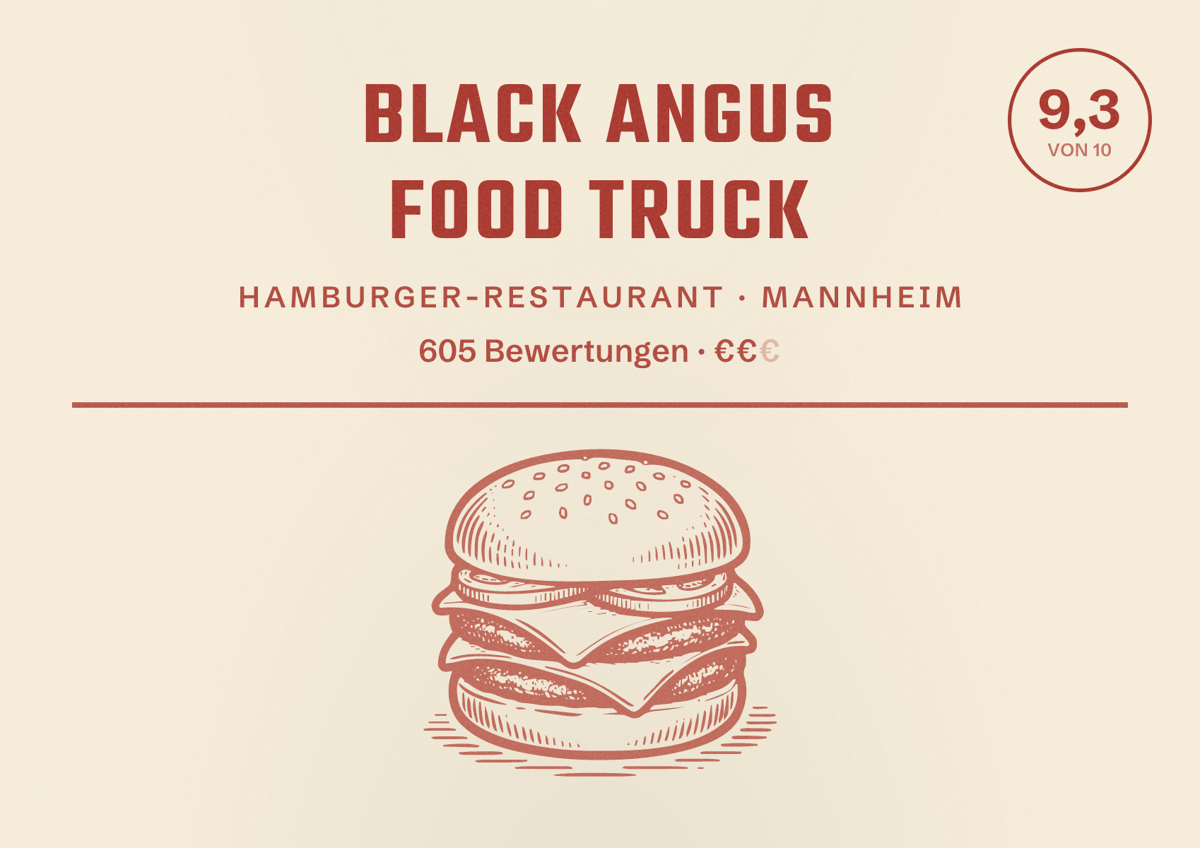 Illustriertes Poster von Black Angus Food Truck, Hamburger-Restaurant in Mannheim: Bewertung 9,3 von 10 aus 605 Bewertungen, Preisniveau €€