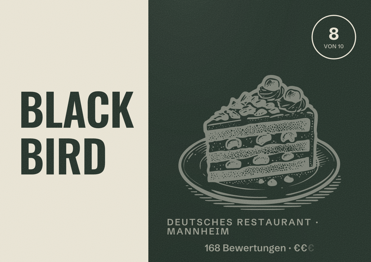 Illustriertes Poster von BLACK BIRD, Deutsches Restaurant in Mannheim: Bewertung 8 von 10 aus 168 Bewertungen, Preisniveau €€
