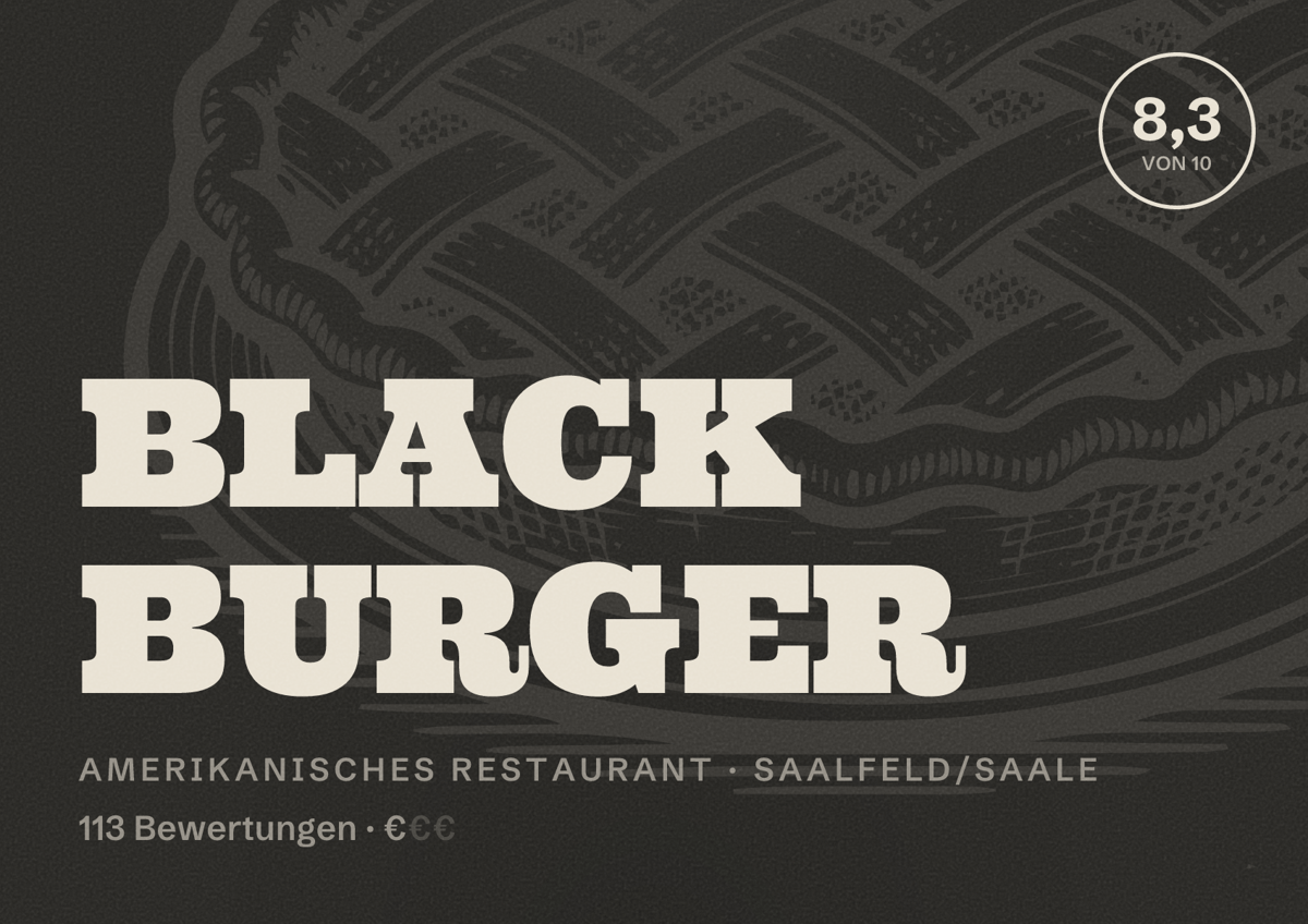 Illustriertes Poster von BLACK BURGER, Amerikanisches Restaurant in Saalfeld/Saale: Bewertung 8,3 von 10 aus 113 Bewertungen, Preisniveau €