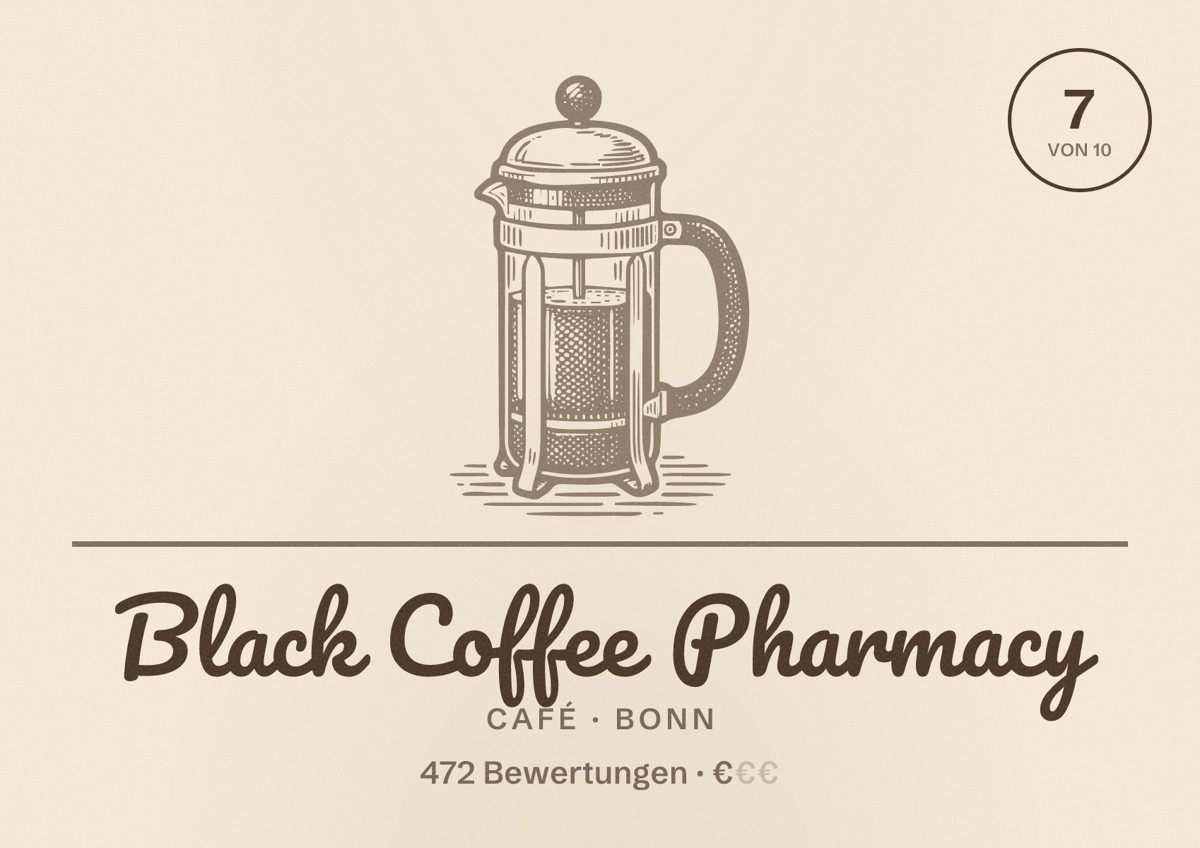 Illustriertes Poster von Black Coffee Pharmacy, Café in Bonn: Bewertung 7 von 10 aus 472 Bewertungen, Preisniveau €