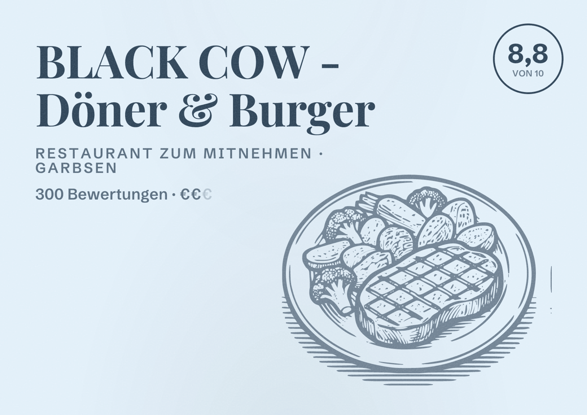Illustriertes Poster von BLACK COW - Döner & Burger, Restaurant zum Mitnehmen in Garbsen: Bewertung 8,8 von 10 aus 300 Bewertungen, Preisniveau €€