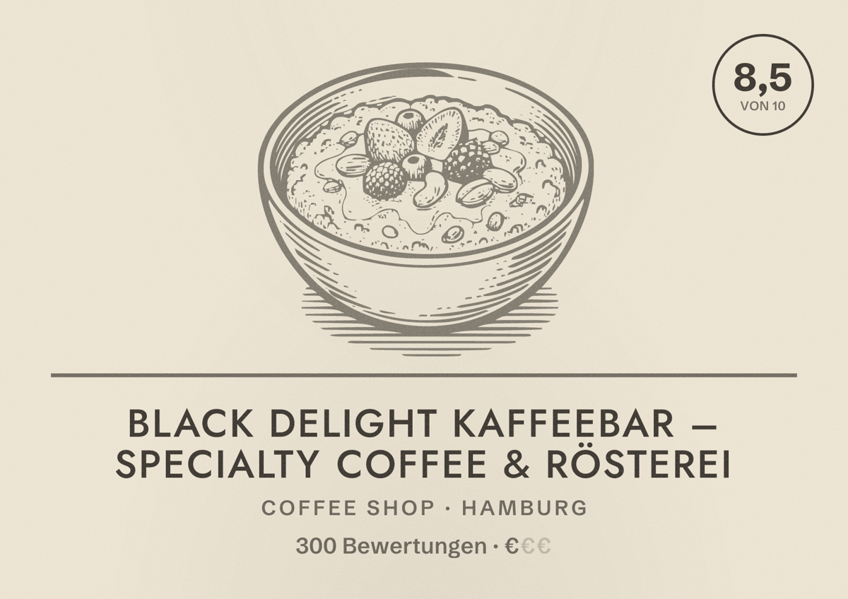 Illustriertes Poster von Black Delight Kaffeebar – Specialty Coffee & Rösterei, Coffee Shop in Hamburg: Bewertung 8,5 von 10 aus 300 Bewertungen, Preisniveau €