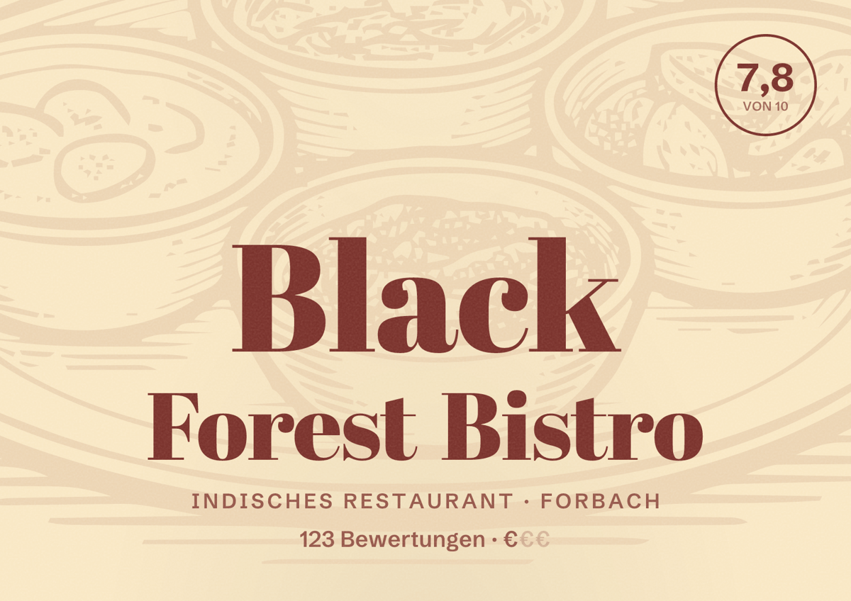 Illustriertes Poster von Black Forest Bistro, Indisches Restaurant in Forbach: Bewertung 7,8 von 10 aus 123 Bewertungen, Preisniveau €