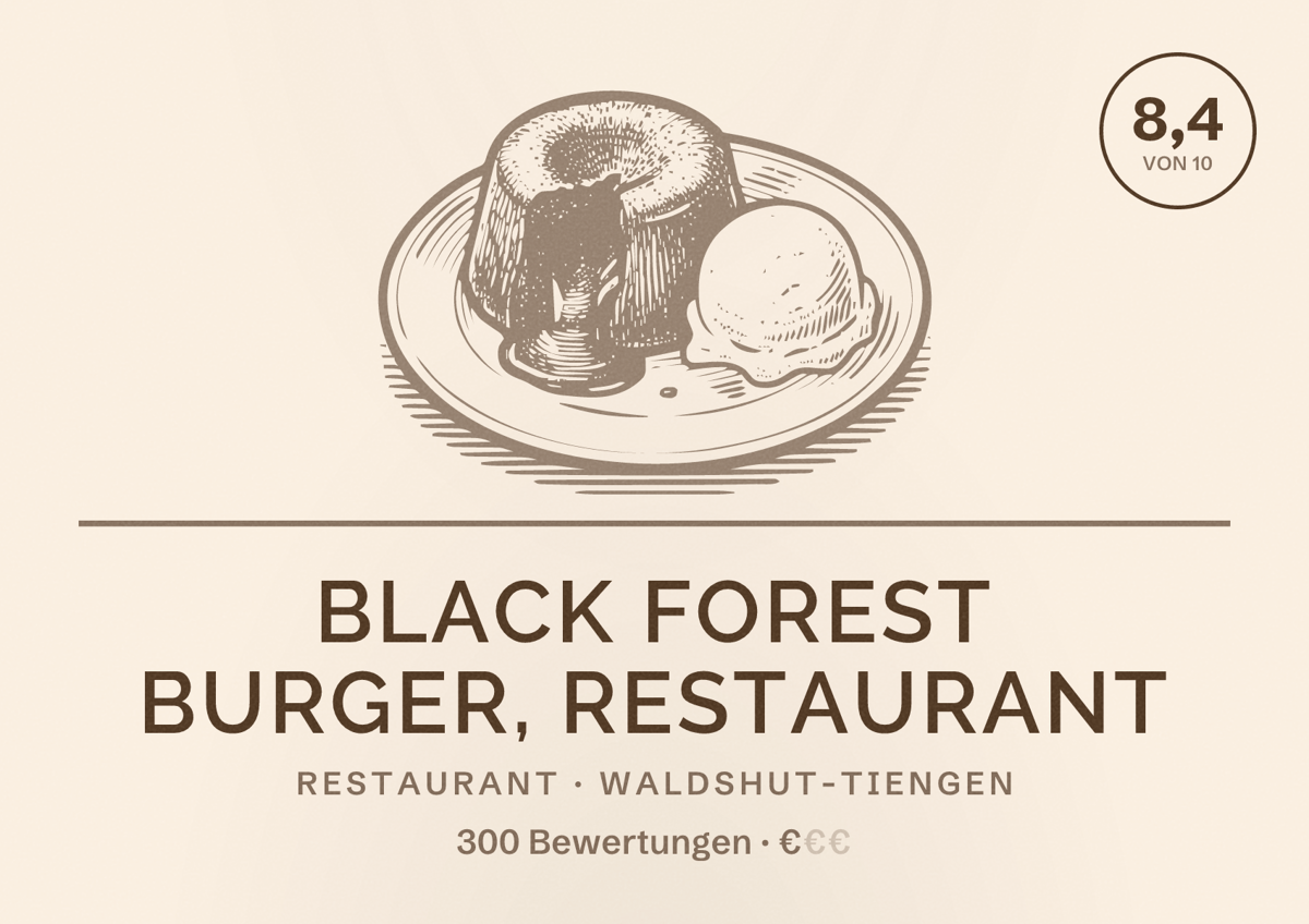 Illustriertes Poster von Black Forest Burger, Restaurant, Restaurant in Waldshut-Tiengen: Bewertung 8,4 von 10 aus 300 Bewertungen, Preisniveau €