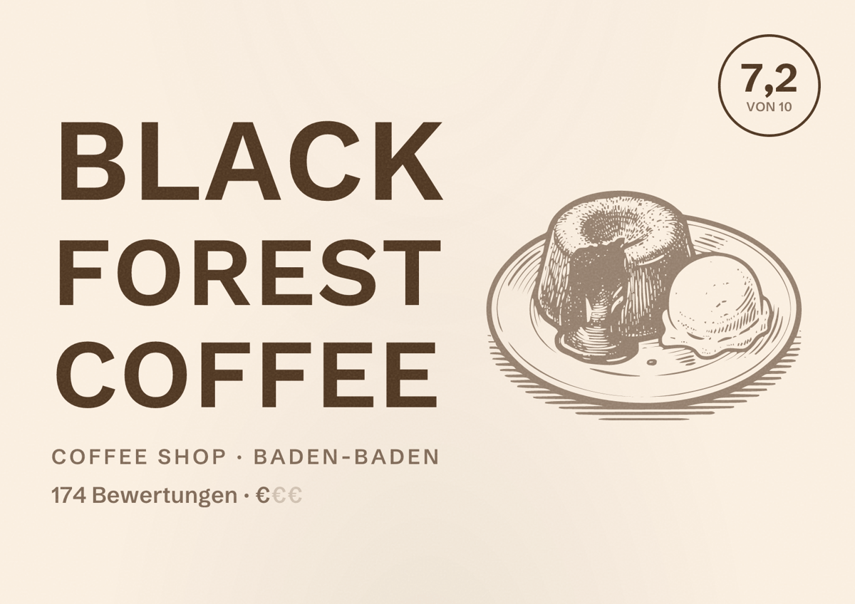 Illustriertes Poster von Black Forest Coffee, Coffee Shop in Baden-Baden: Bewertung 7,2 von 10 aus 174 Bewertungen, Preisniveau €