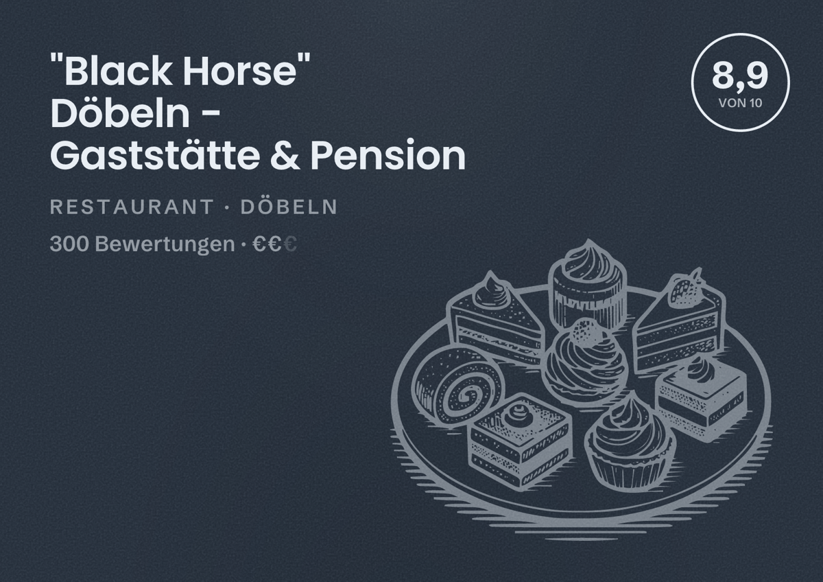Illustriertes Poster von "Black Horse" Döbeln - Gaststätte & Pension, Restaurant in Döbeln: Bewertung 8,9 von 10 aus 300 Bewertungen, Preisniveau €€