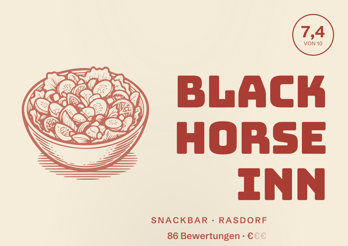 Illustriertes Poster von Black Horse Inn, Snackbar in Rasdorf: Bewertung 7,4 von 10 aus 86 Bewertungen, Preisniveau €
