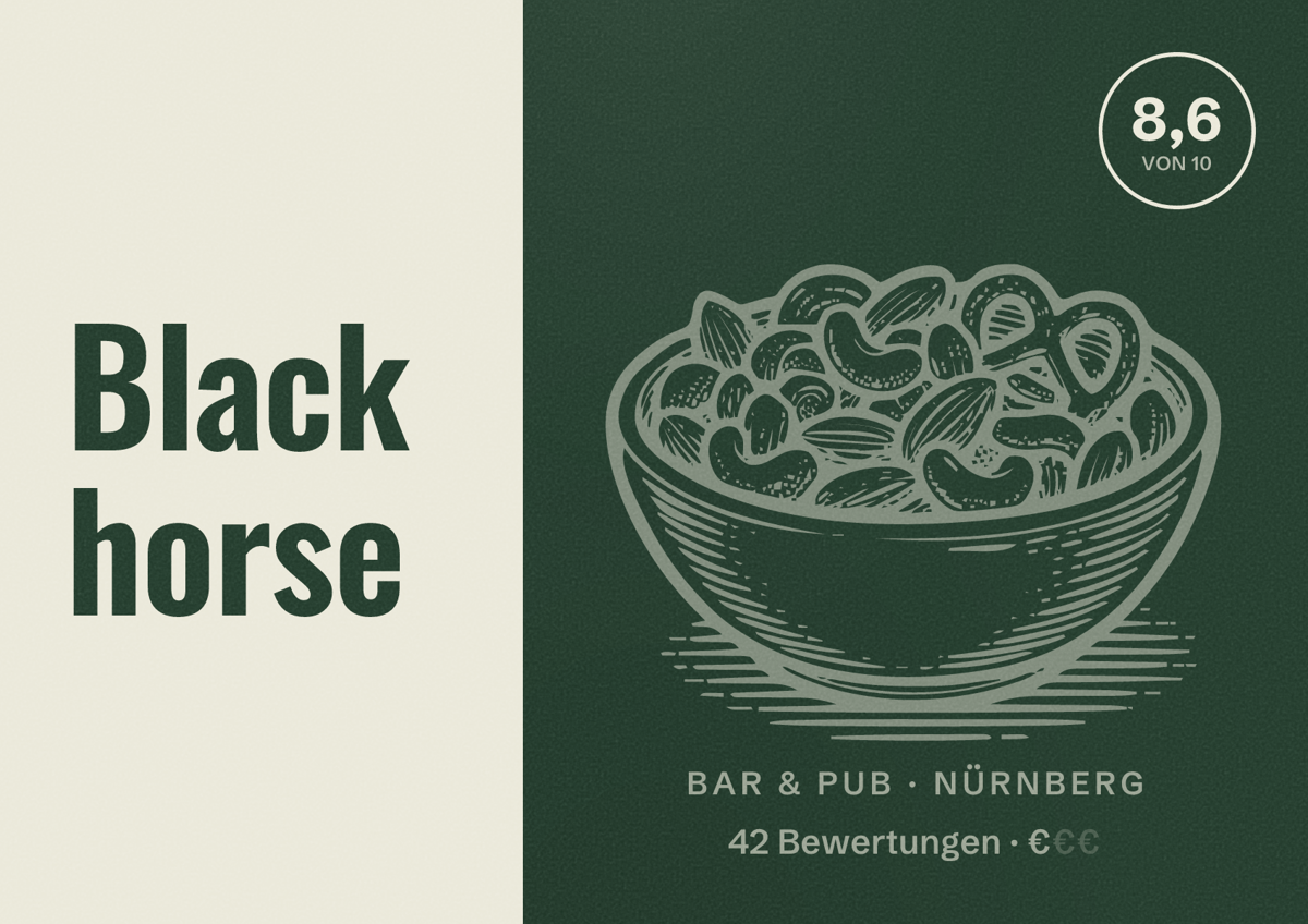 Illustriertes Poster von Black horse, Bar & Pub in Nürnberg: Bewertung 8,6 von 10 aus 42 Bewertungen, Preisniveau €