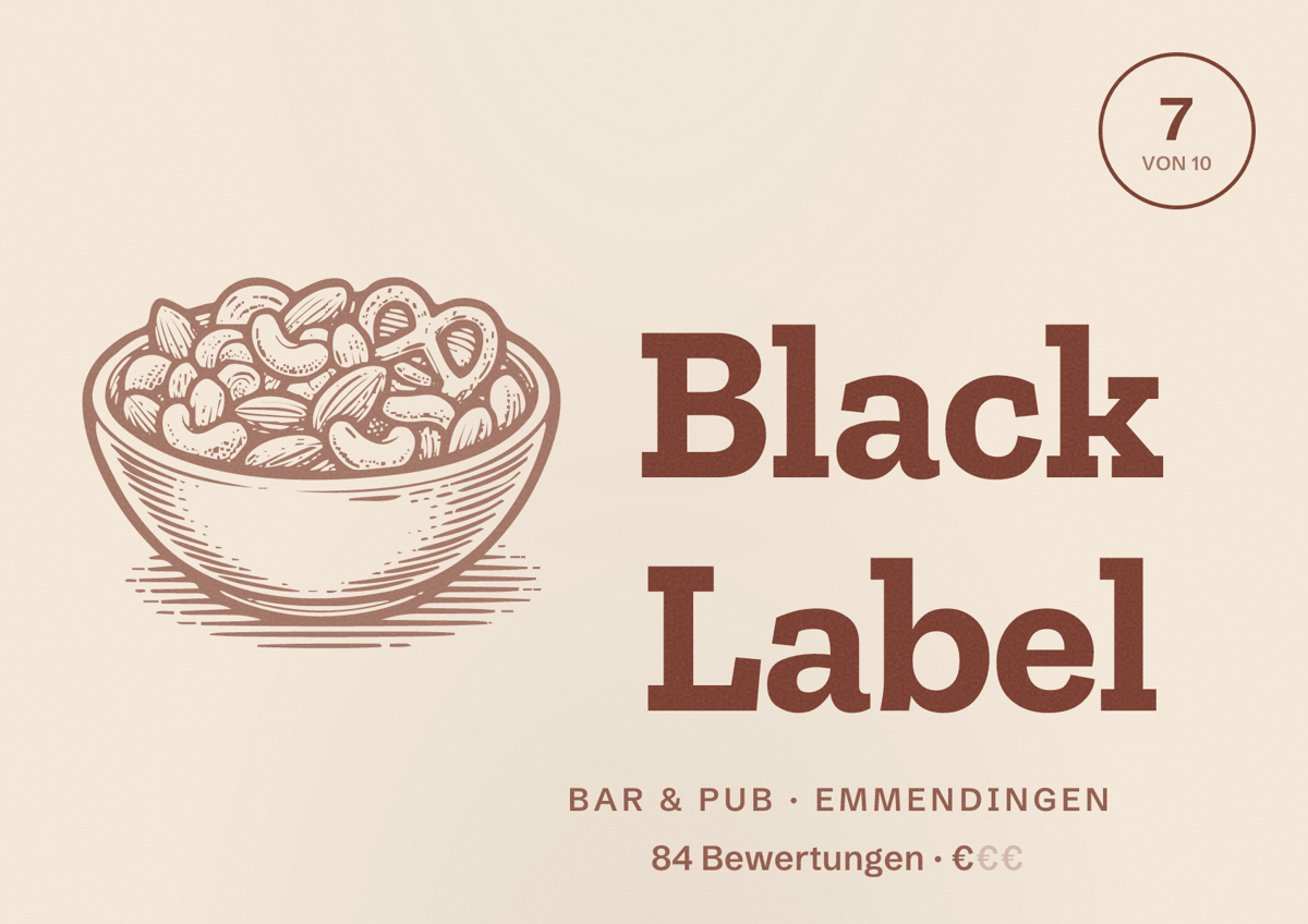 Illustriertes Poster von Black Label, Bar & Pub in Emmendingen: Bewertung 7 von 10 aus 84 Bewertungen, Preisniveau €