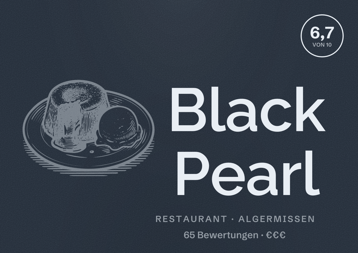 Illustriertes Poster von Black Pearl, Restaurant in Algermissen: Bewertung 6,7 von 10 aus 65 Bewertungen, Preisniveau €€€