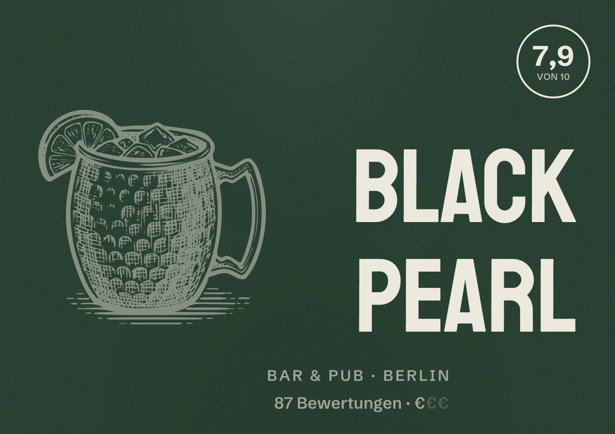 Illustriertes Poster von Black Pearl, Bar & Pub in Berlin: Bewertung 7,9 von 10 aus 87 Bewertungen, Preisniveau €