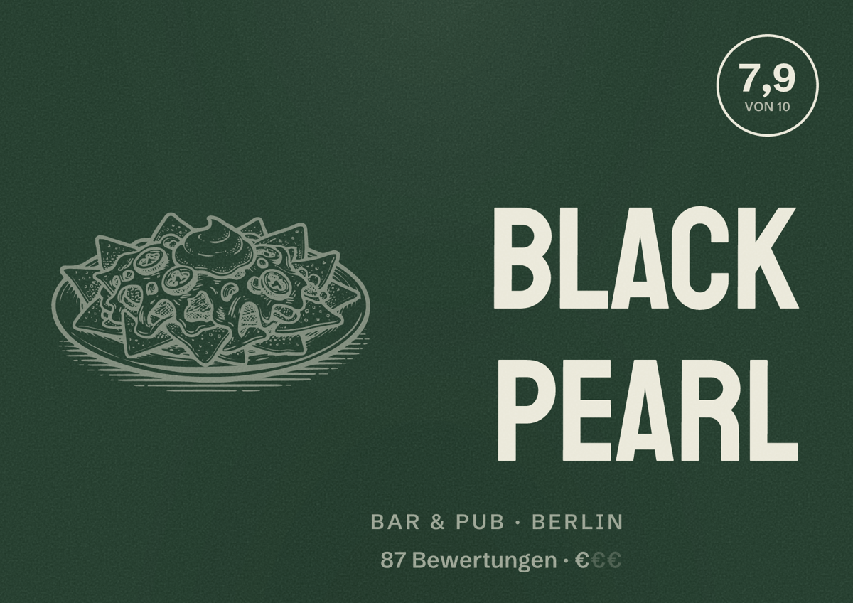 Illustriertes Poster von Black Pearl, Bar & Pub in Berlin: Bewertung 7,9 von 10 aus 87 Bewertungen, Preisniveau €
