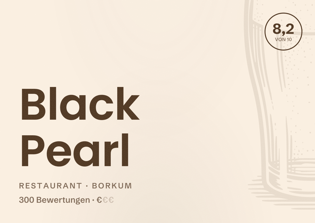 Illustriertes Poster von Black Pearl, Restaurant in Borkum: Bewertung 8,2 von 10 aus 300 Bewertungen, Preisniveau €