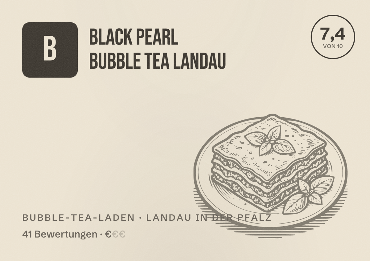 Illustriertes Poster von Black Pearl Bubble Tea Landau, Bubble-Tea-Laden in Landau in der Pfalz: Bewertung 7,4 von 10 aus 41 Bewertungen, Preisniveau €