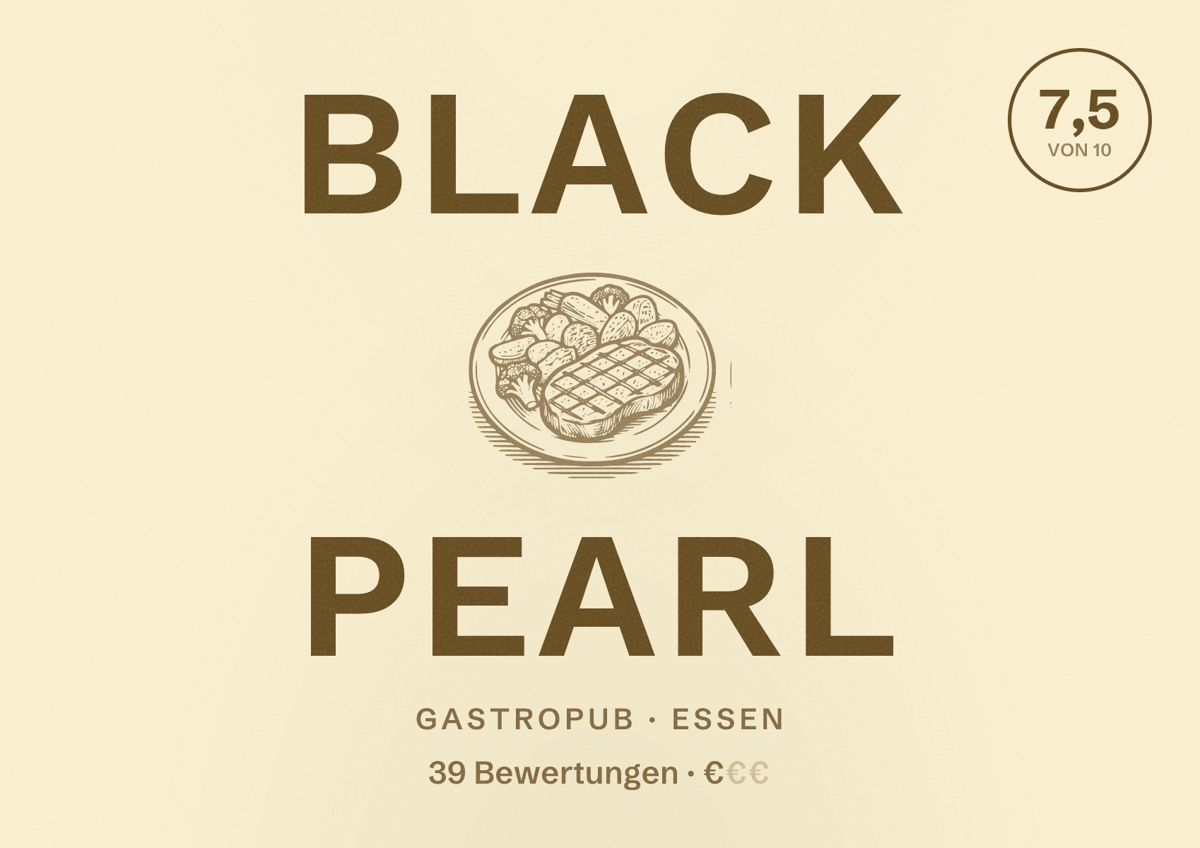 Illustriertes Poster von Black Pearl, Gastropub in Essen: Bewertung 7,5 von 10 aus 39 Bewertungen, Preisniveau €