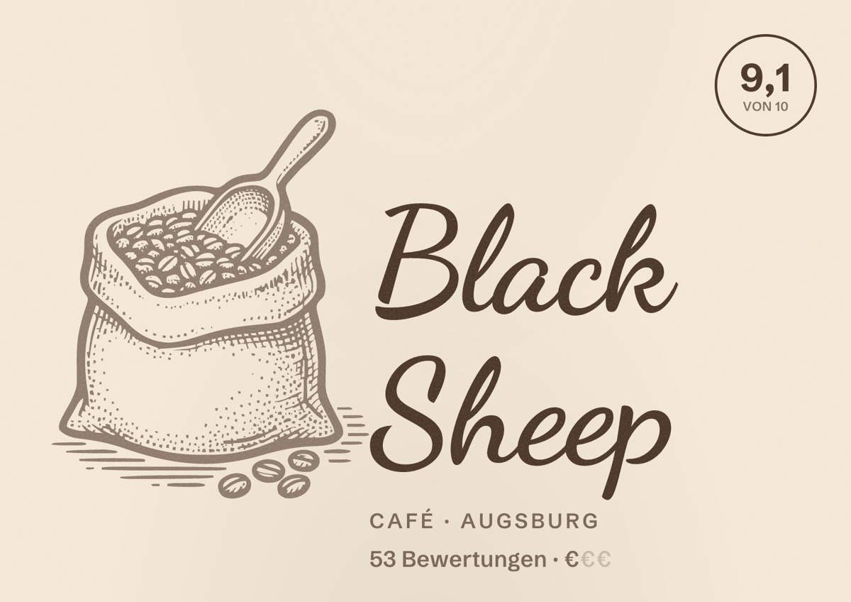 Illustriertes Poster von Black Sheep, Café in Augsburg: Bewertung 9,1 von 10 aus 53 Bewertungen, Preisniveau €
