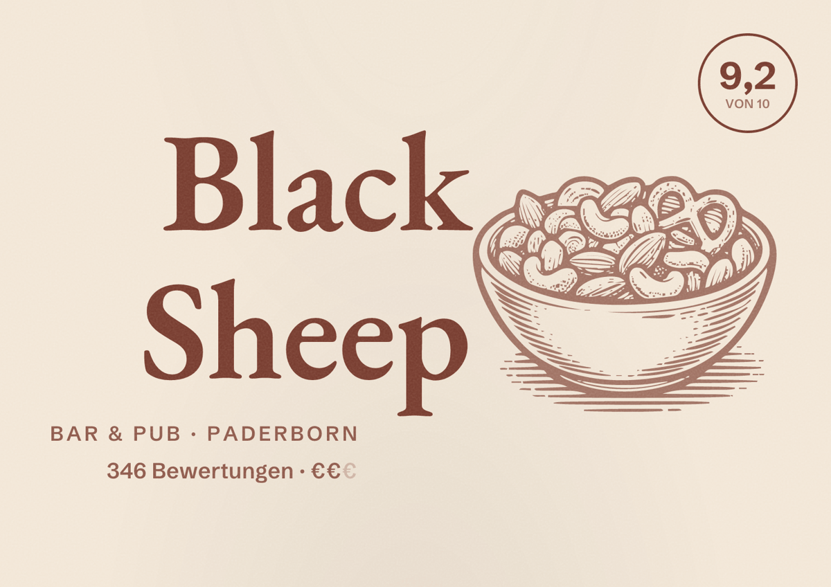 Illustriertes Poster von Black Sheep, Bar & Pub in Paderborn: Gästebewertung 9,2 von 10 aus 346 Bewertungen