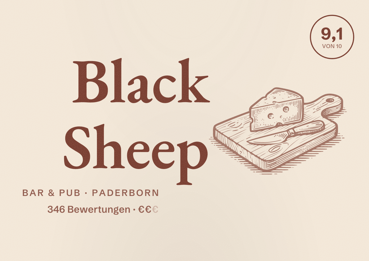 Illustriertes Poster von Black Sheep, Bar & Pub in Paderborn: Bewertung 9,1 von 10 aus 346 Bewertungen, Preisniveau €€