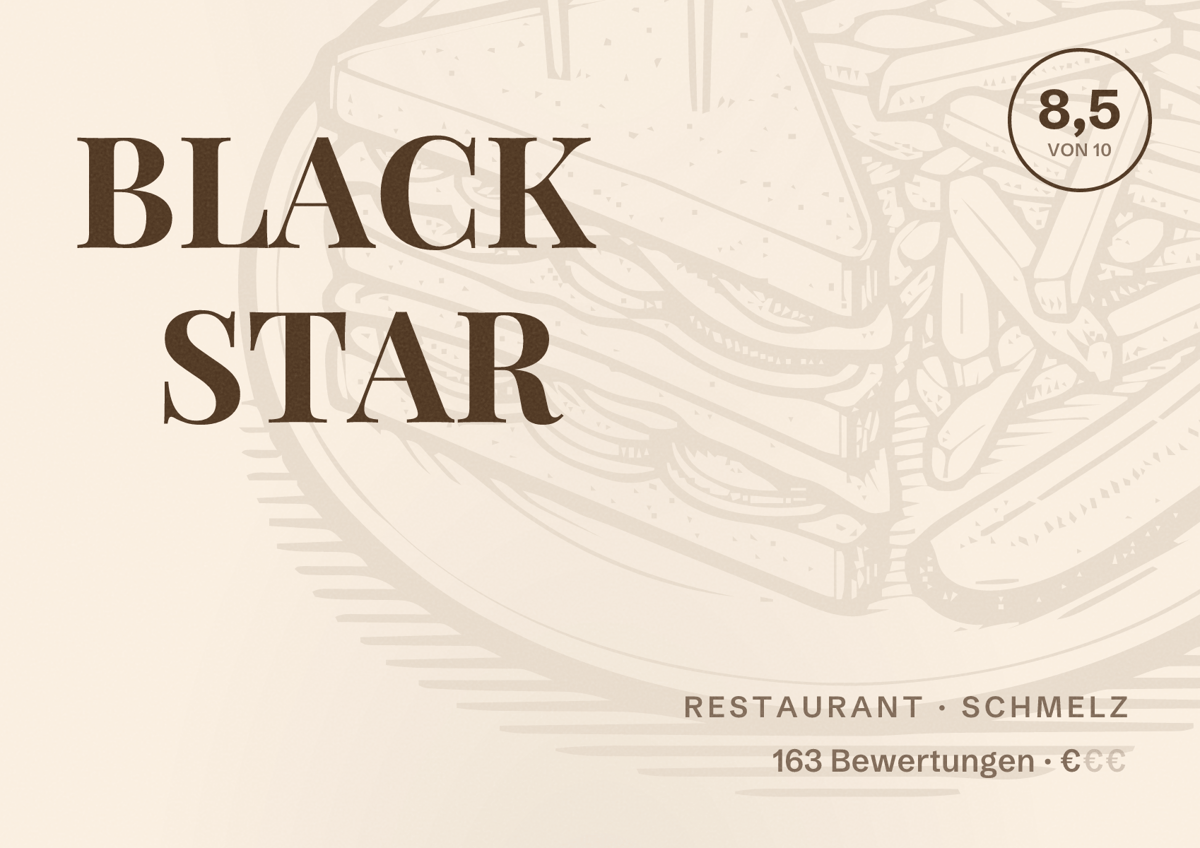 Illustriertes Poster von BLACK STAR, Restaurant in Schmelz: Bewertung 8,5 von 10 aus 163 Bewertungen, Preisniveau €