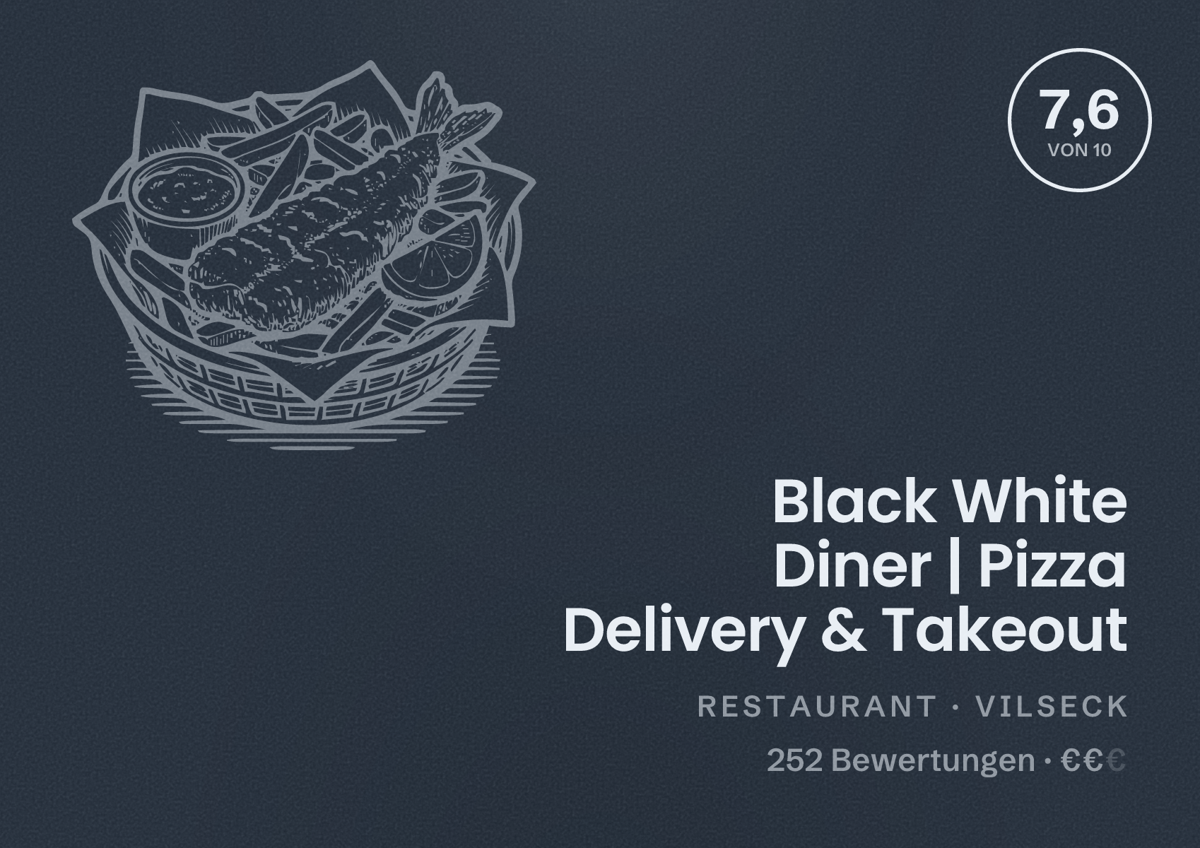 Illustriertes Poster von Black White Diner | Pizza Delivery & Takeout, Restaurant in Vilseck: Bewertung 7,6 von 10 aus 252 Bewertungen, Preisniveau €€