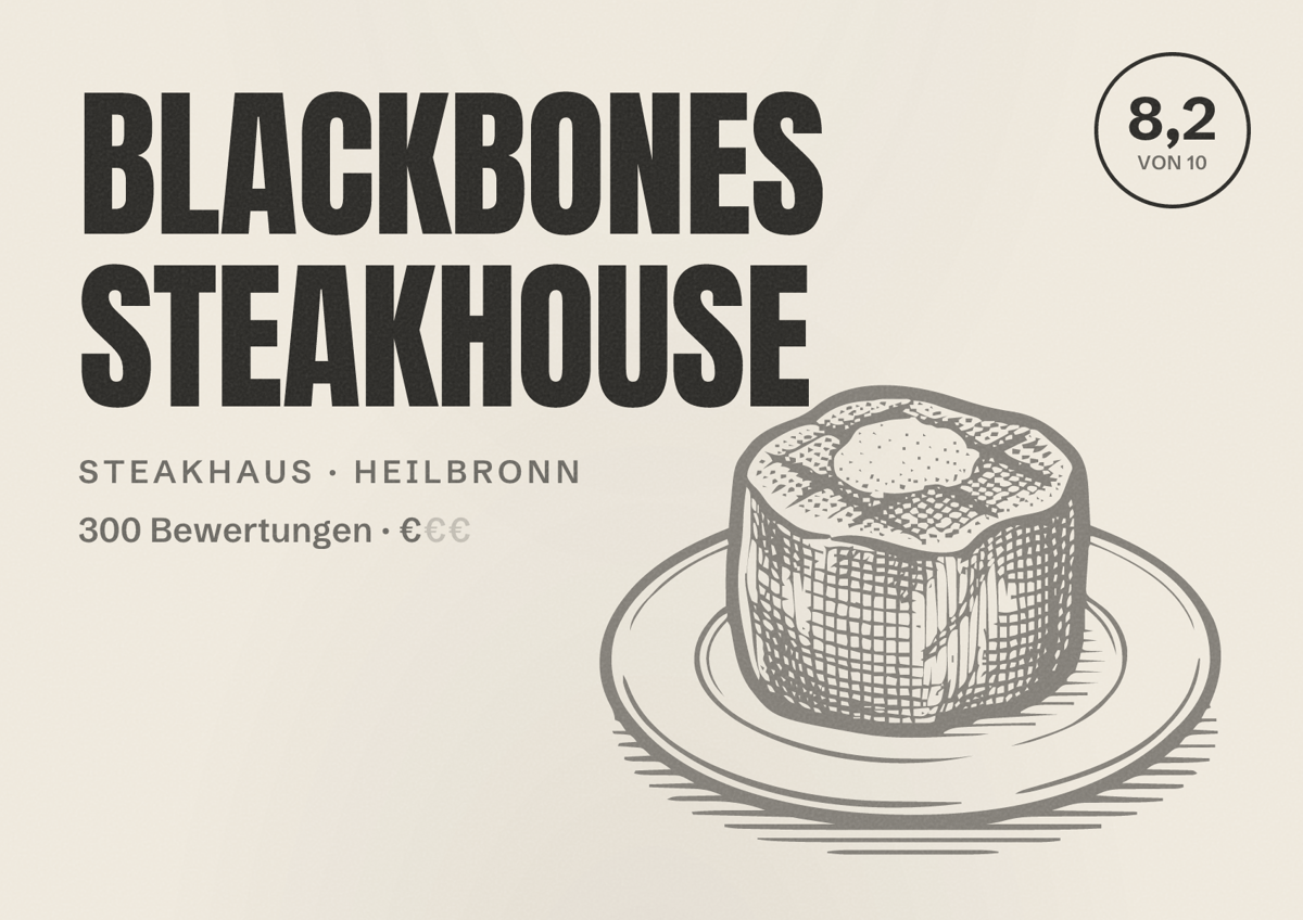 Illustriertes Poster von BLACKBONES STEAKHOUSE, Steakhaus in Heilbronn: Bewertung 8,2 von 10 aus 300 Bewertungen, Preisniveau €