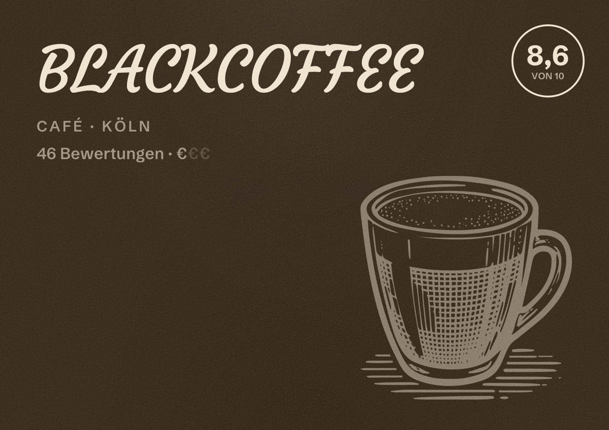 Illustriertes Poster von BLACKCOFFEE, Café in Köln: Bewertung 8,6 von 10 aus 46 Bewertungen, Preisniveau €