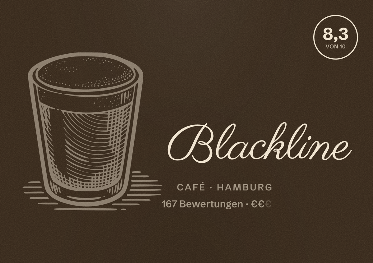 Illustriertes Poster von Blackline, Café in Hamburg: Bewertung 8,3 von 10 aus 167 Bewertungen, Preisniveau €€