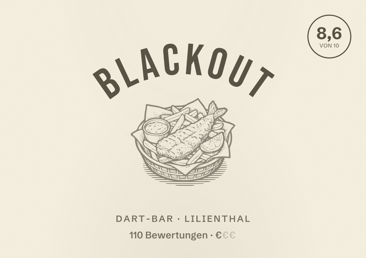 Illustriertes Poster von Blackout, Dart-Bar in Lilienthal: Bewertung 8,6 von 10 aus 110 Bewertungen, Preisniveau €