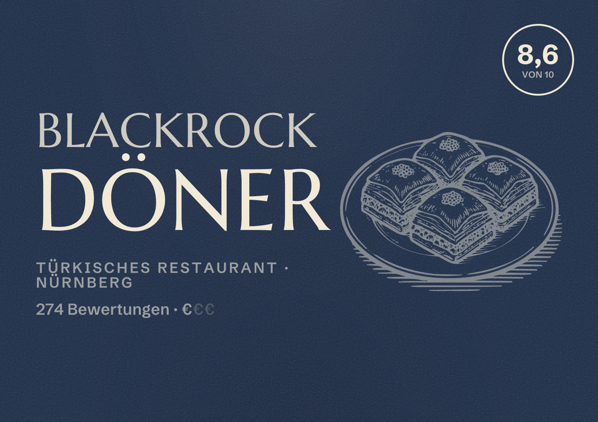 Illustriertes Poster von BLACKROCK Döner, Türkisches Restaurant in Nürnberg: Bewertung 8,6 von 10 aus 274 Bewertungen, Preisniveau €