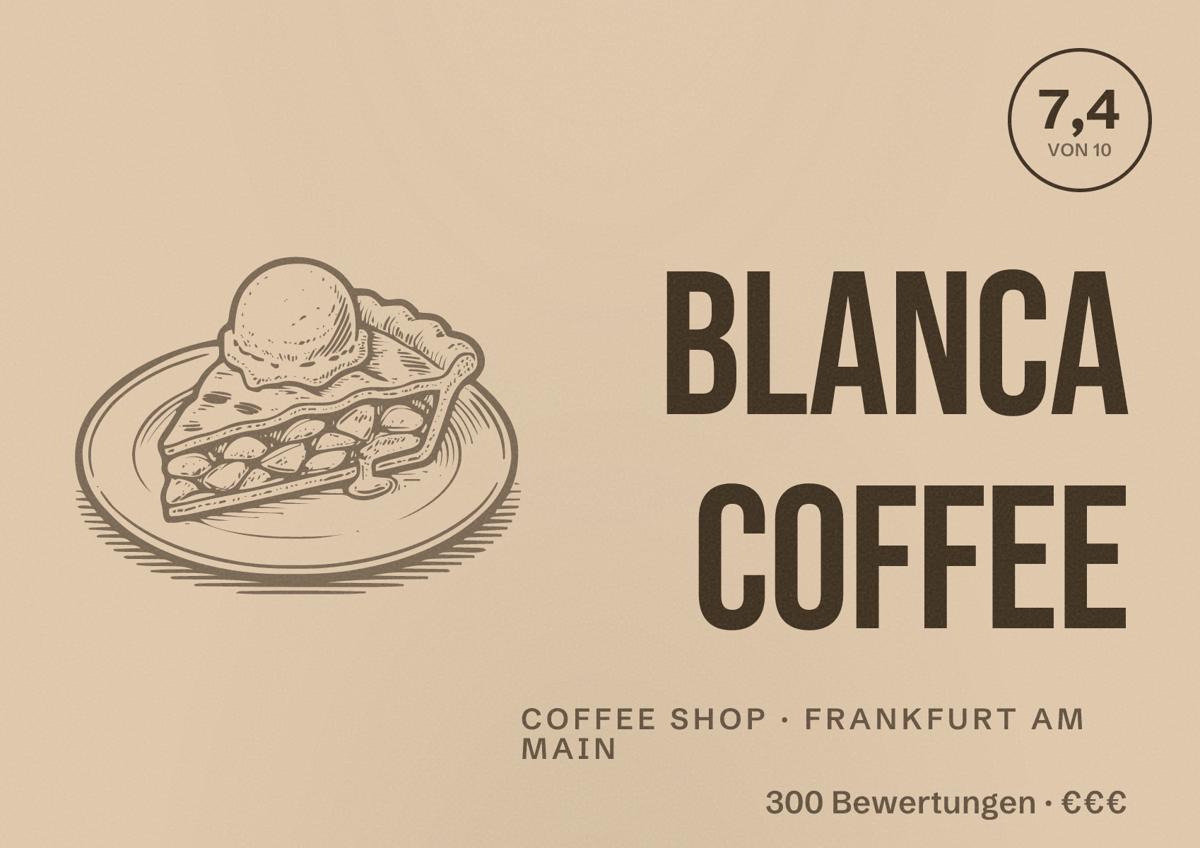 Illustriertes Poster von Blanca Coffee, Coffee Shop in Frankfurt am Main: Bewertung 7,4 von 10 aus 300 Bewertungen, Preisniveau €€€
