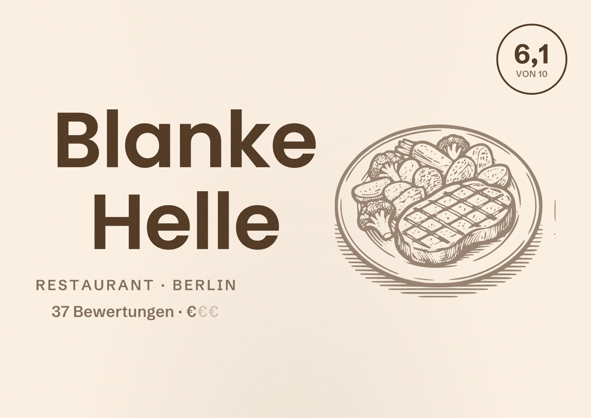 Illustriertes Poster von Blanke Helle, Restaurant in Berlin: Bewertung 6,1 von 10 aus 37 Bewertungen, Preisniveau €