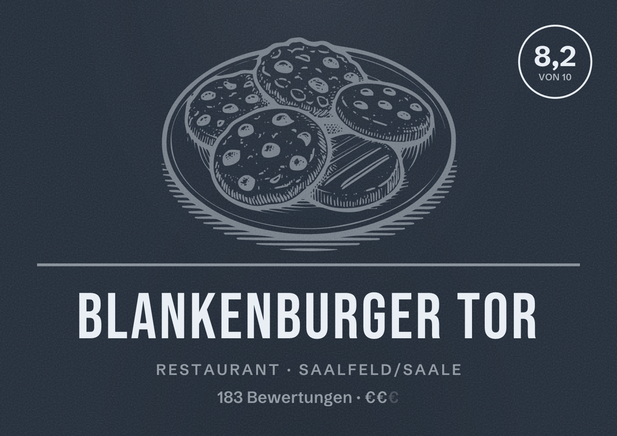 Illustriertes Poster von Blankenburger Tor, Restaurant in Saalfeld/Saale: Bewertung 8,2 von 10 aus 183 Bewertungen, Preisniveau €€