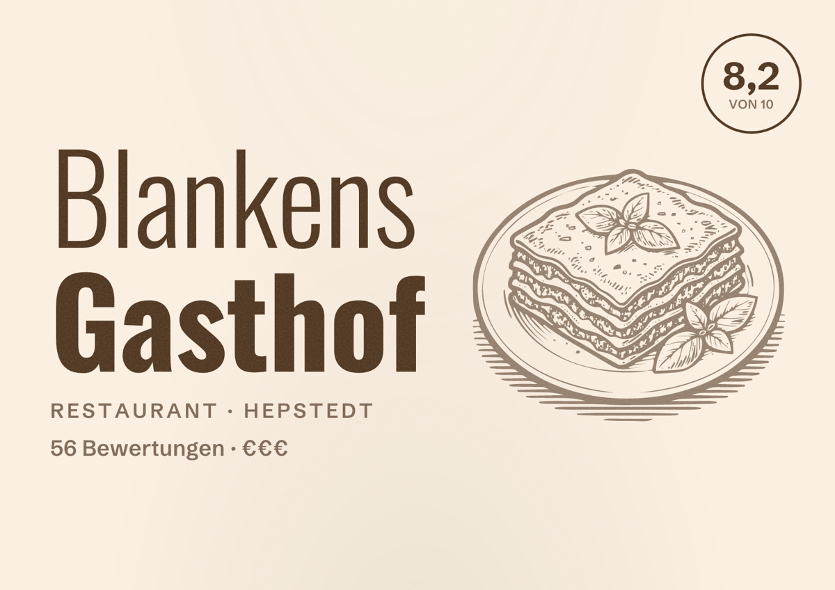 Illustriertes Poster von Blankens Gasthof, Restaurant in Hepstedt: Bewertung 8,2 von 10 aus 56 Bewertungen, Preisniveau €€€