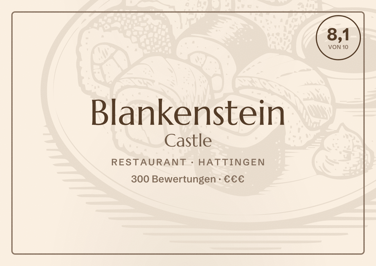 Illustriertes Poster von Blankenstein Castle, Restaurant in Hattingen: Bewertung 8,1 von 10 aus 300 Bewertungen, Preisniveau €€€