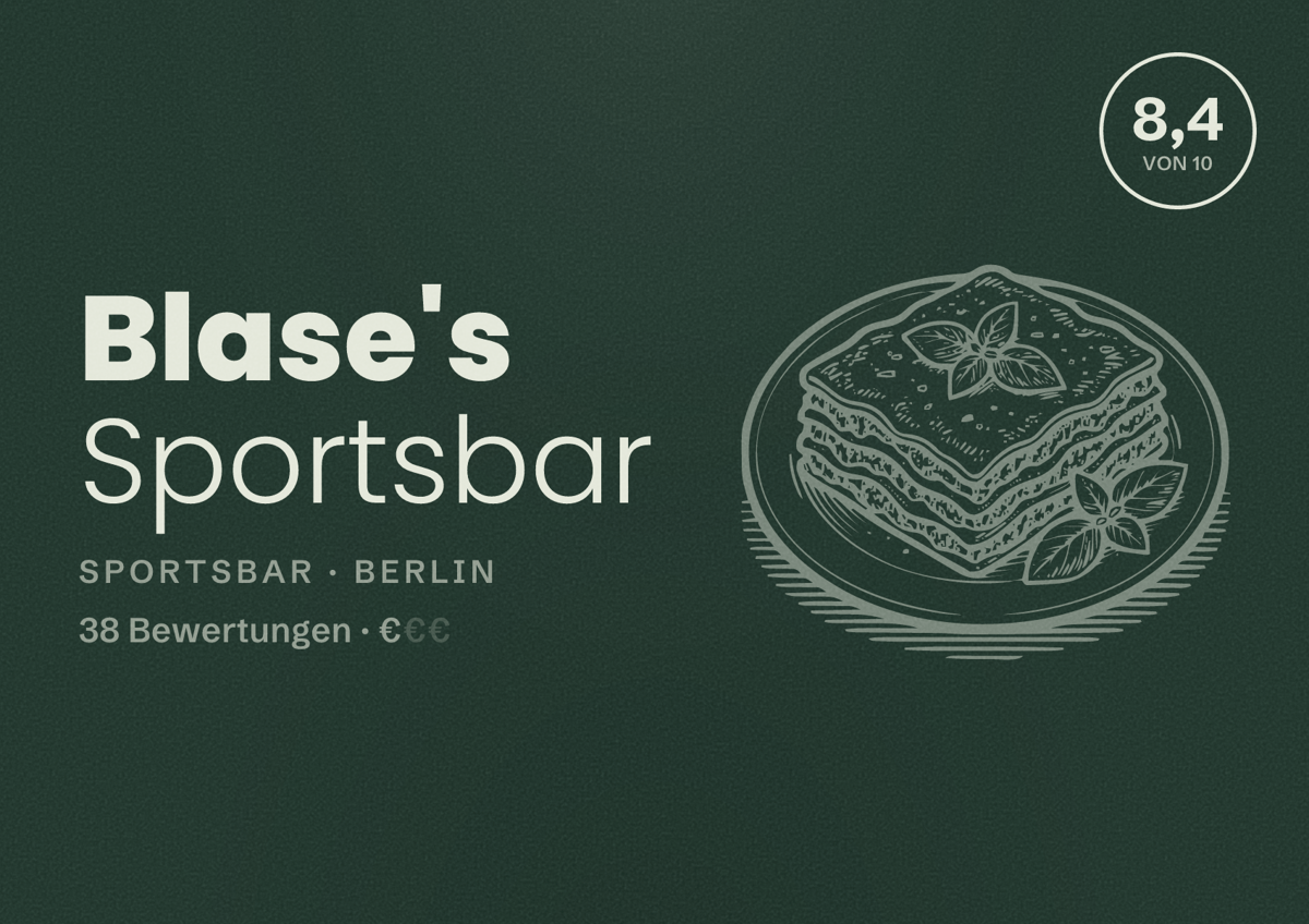 Illustriertes Poster von Blase's Sportsbar, Sportsbar in Berlin: Bewertung 8,4 von 10 aus 38 Bewertungen, Preisniveau €