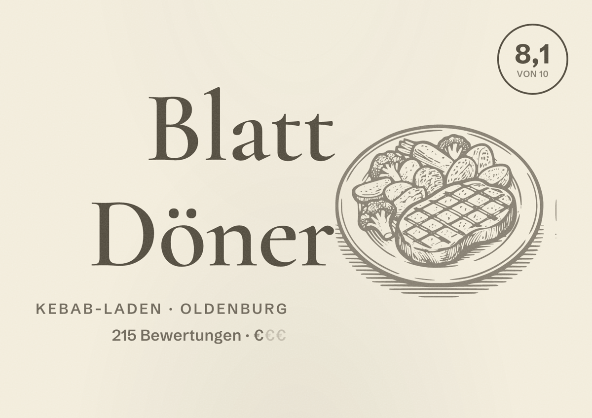 Illustriertes Poster von Blatt Döner, Kebab-Laden in Oldenburg: Bewertung 8,1 von 10 aus 215 Bewertungen, Preisniveau €