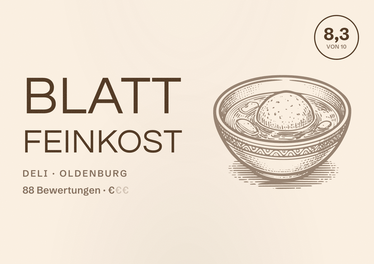 Illustriertes Poster von Blatt Feinkost, Deli in Oldenburg: Bewertung 8,3 von 10 aus 88 Bewertungen, Preisniveau €