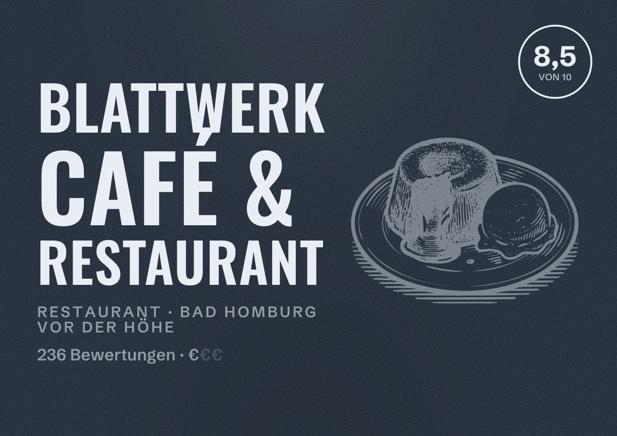 Illustriertes Poster von Blattwerk Café & Restaurant, Restaurant in Bad Homburg vor der Höhe: Bewertung 8,5 von 10 aus 236 Bewertungen, Preisniveau €