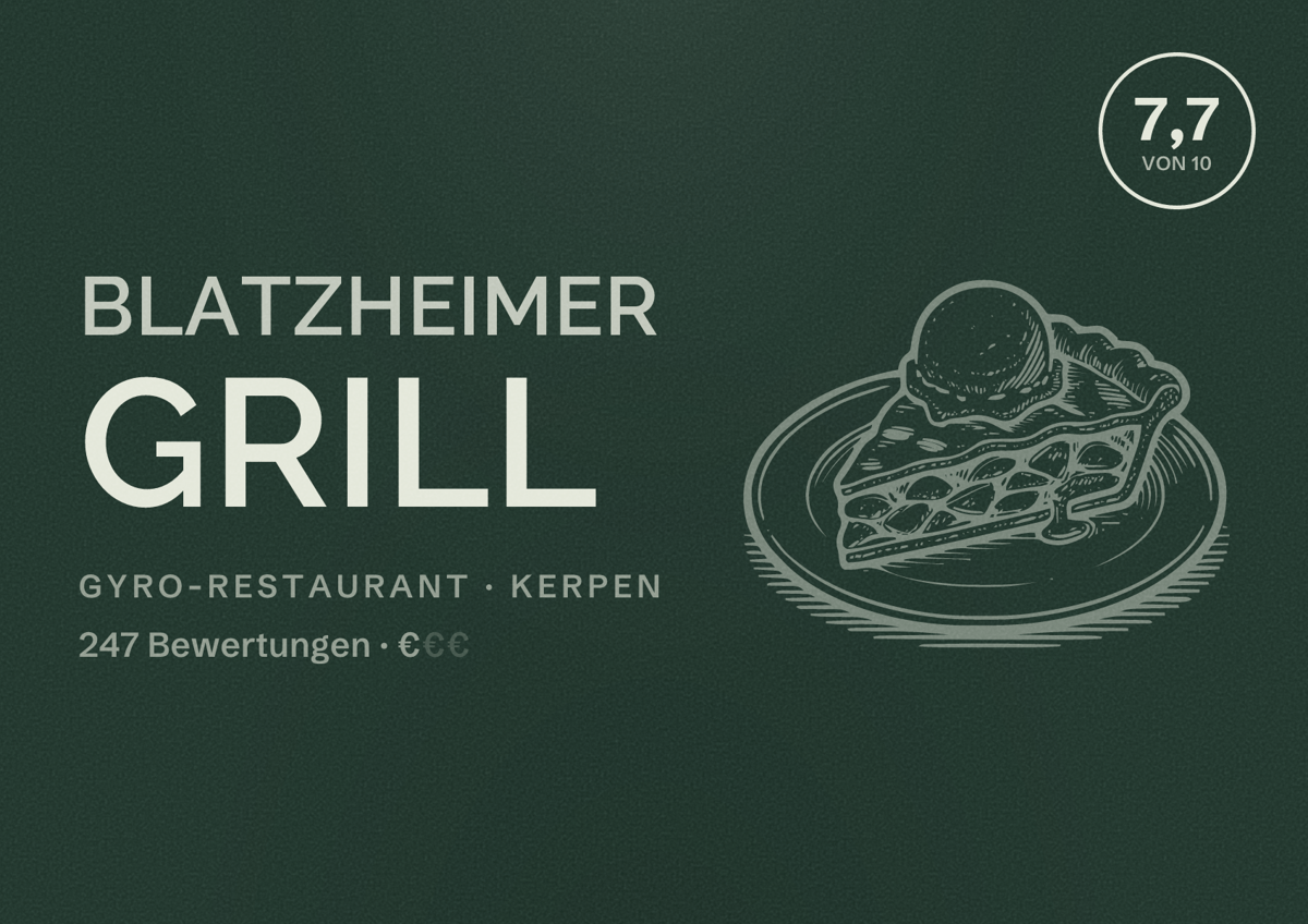 Illustriertes Poster von Blatzheimer Grill, Gyro-Restaurant in Kerpen: Bewertung 7,7 von 10 aus 247 Bewertungen, Preisniveau €