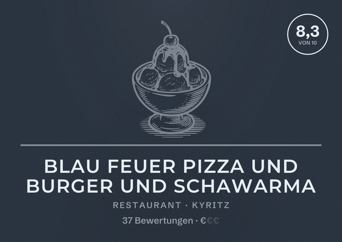 Illustriertes Poster von Blau Feuer Pizza und Burger und Schawarma, Restaurant in Kyritz: Bewertung 8,3 von 10 aus 37 Bewertungen, Preisniveau €