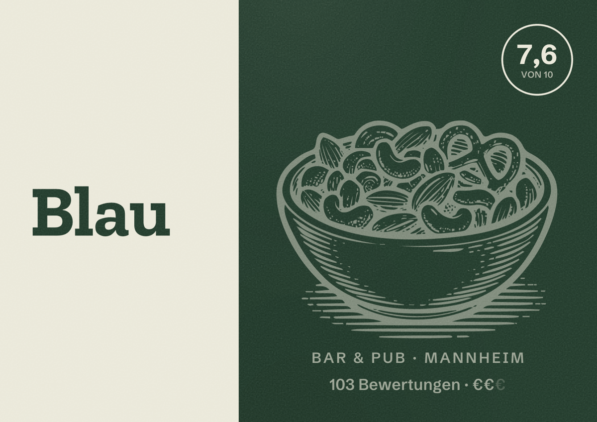 Illustriertes Poster von Blau, Bar & Pub in Mannheim: Bewertung 7,6 von 10 aus 103 Bewertungen, Preisniveau €€