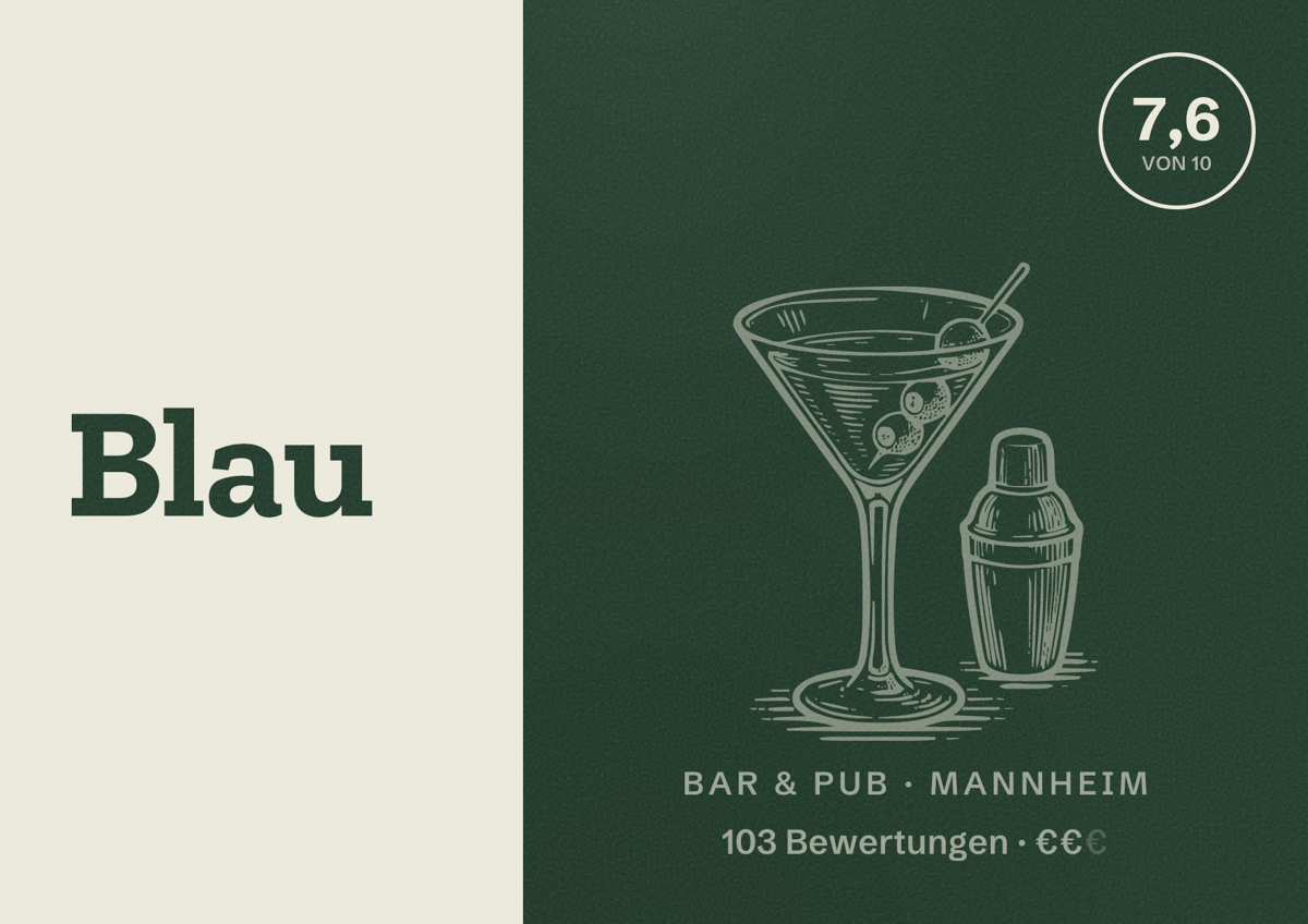 Illustriertes Poster von Blau, Bar & Pub in Mannheim: Bewertung 7,6 von 10 aus 103 Bewertungen, Preisniveau €€