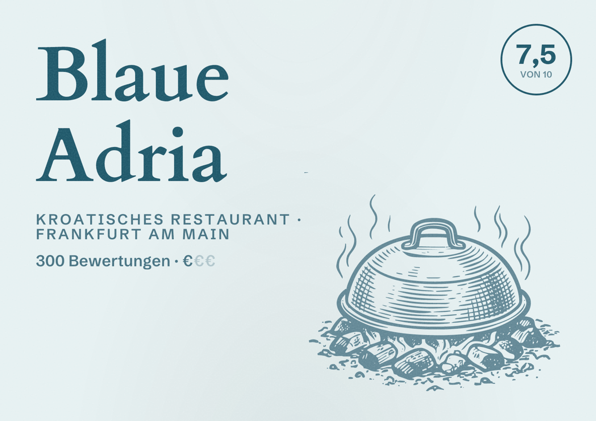 Illustriertes Poster von Blaue Adria, Kroatisches Restaurant in Frankfurt am Main: Bewertung 7,5 von 10 aus 300 Bewertungen, Preisniveau €