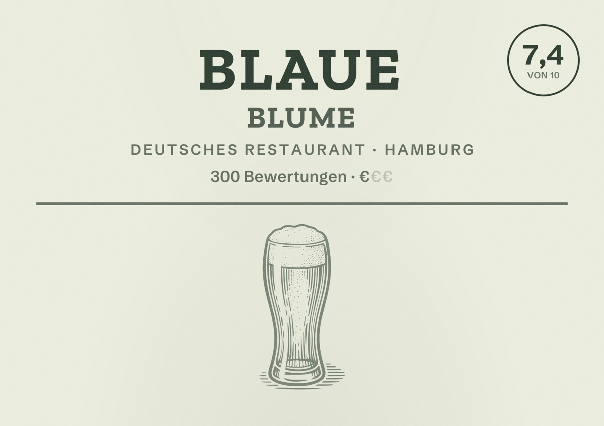 Illustriertes Poster von Blaue Blume, Deutsches Restaurant in Hamburg: Bewertung 7,4 von 10 aus 300 Bewertungen, Preisniveau €