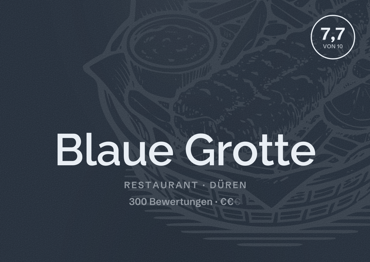 Illustriertes Poster von Blaue Grotte, Restaurant in Düren: Bewertung 7,7 von 10 aus 300 Bewertungen, Preisniveau €€